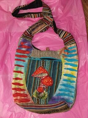 Rising International Multicolor Embroidered Mushroom Patchwork Hobo Bag
